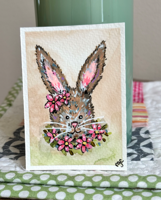 Pink Floral Bunny aceo art card thumbnail 2