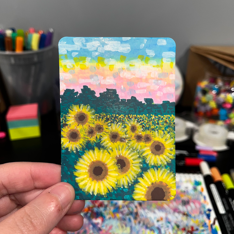 original aceo sunflower field landscape floral sunset rainbow sky summer aceo art card