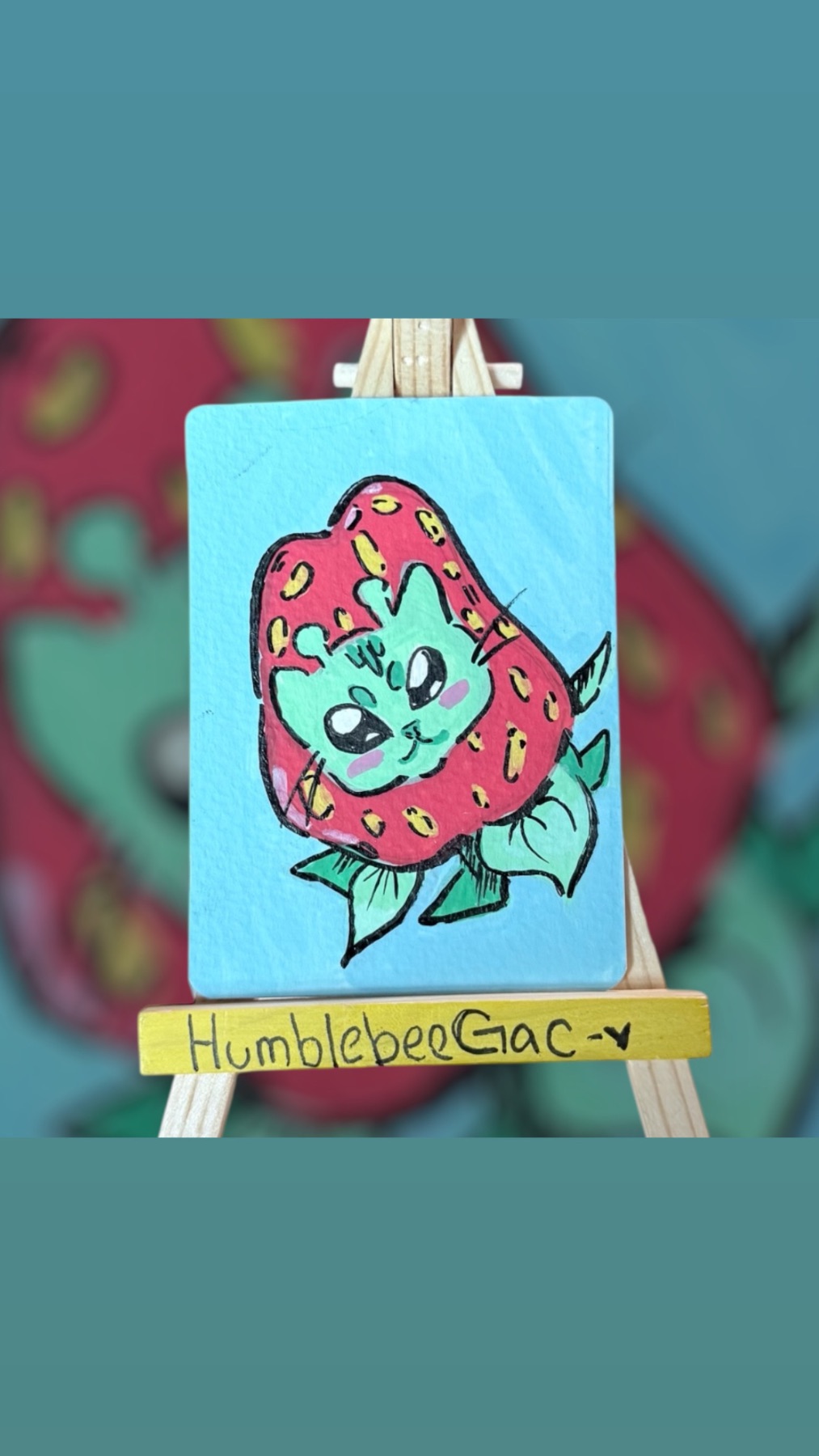 Alien cat strawberries aceo art card