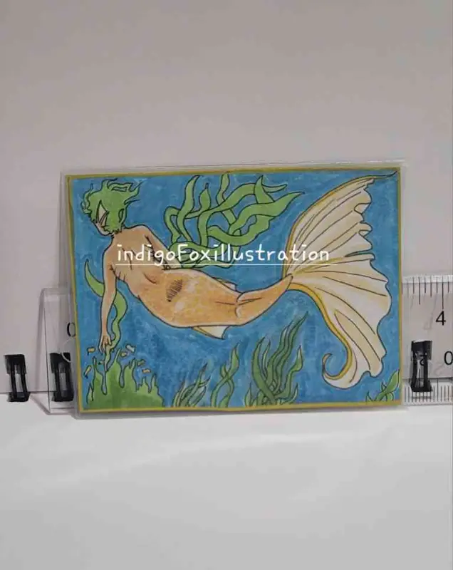 ♡ The Gatherer ♡ N. 09 - indigoFoxillustration - merfolk fantasy ocean fish sea yellow gold seaweed aceo art card