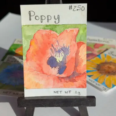 Red Poppy Seed Packet aceo art card thumbnail 1