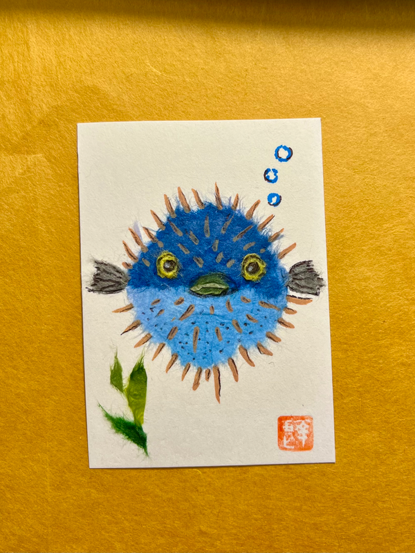 Blue Puffer fish- Japanese Washi art aceo art card