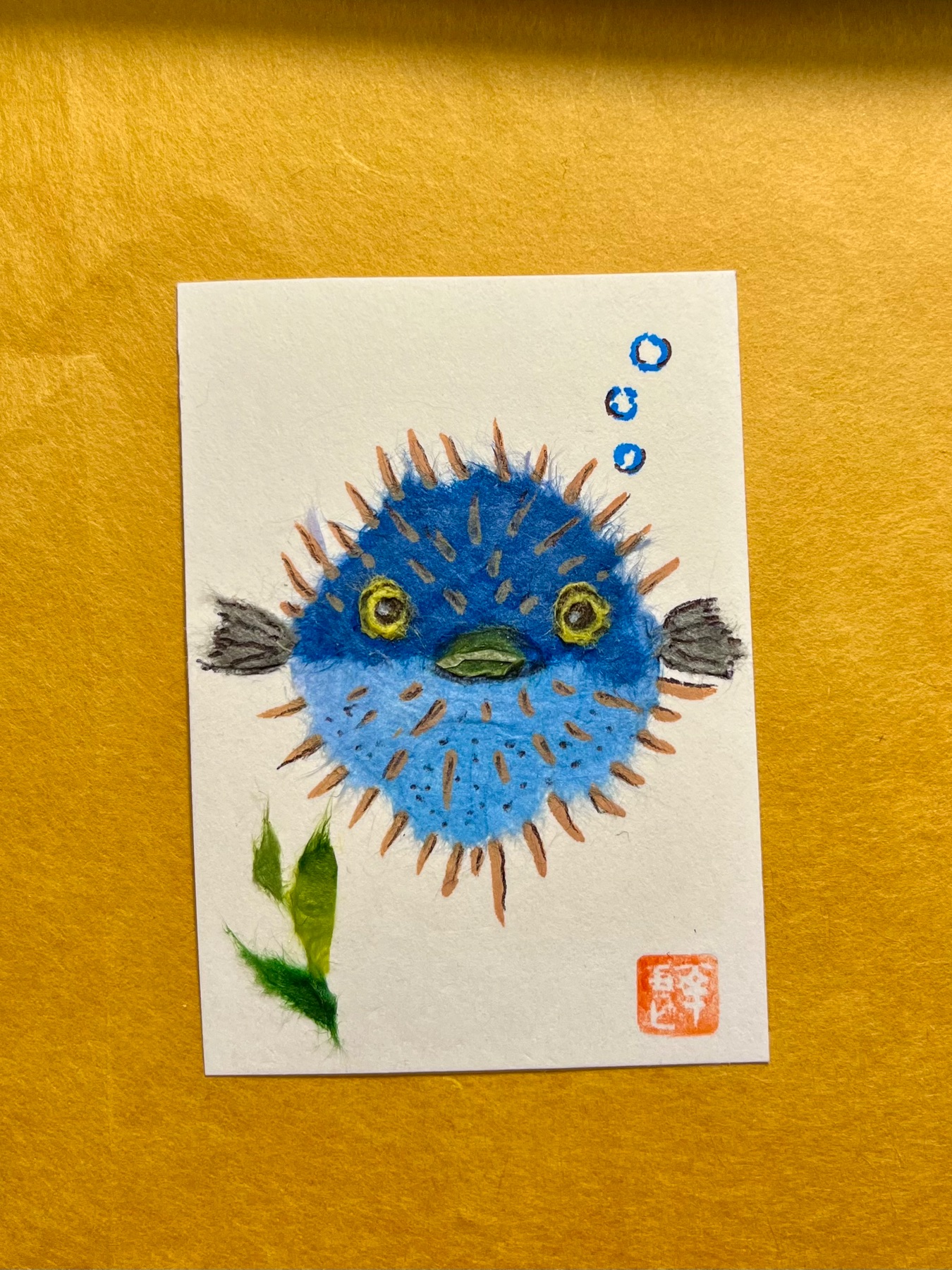 Blue Puffer fish- Japanese Washi art aceo art card