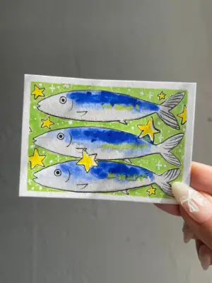 Stars and Sardines aceo art card thumbnail 1