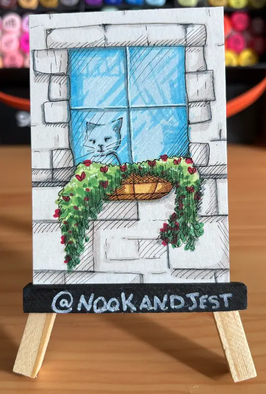 cat in cottage window aceo art card