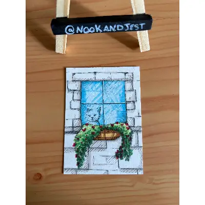 cat in cottage window aceo art card thumbnail 2