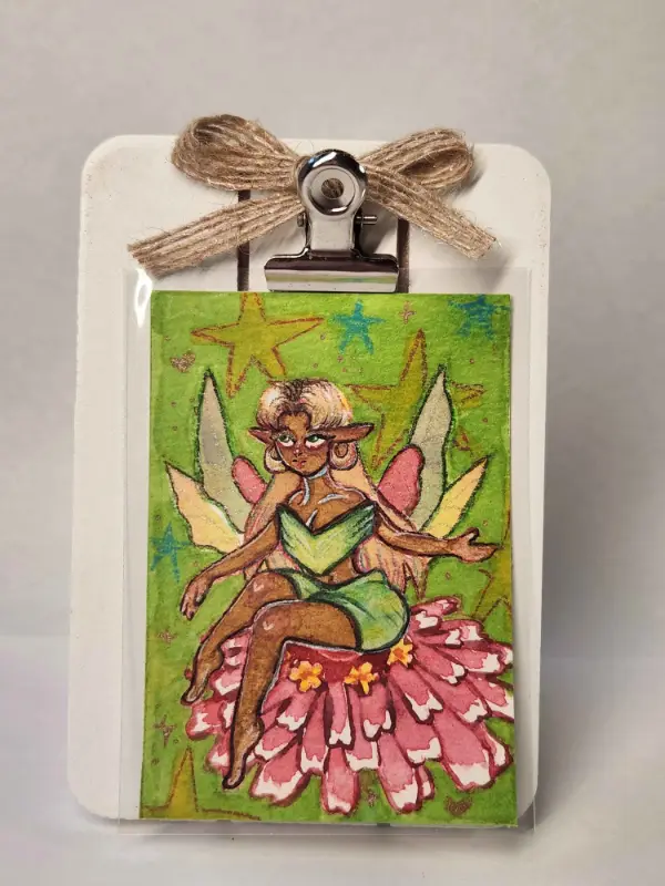 Original ACEO- Flower Fairy Series - Pink & Green Flower Fairy 8/9 aceo art card