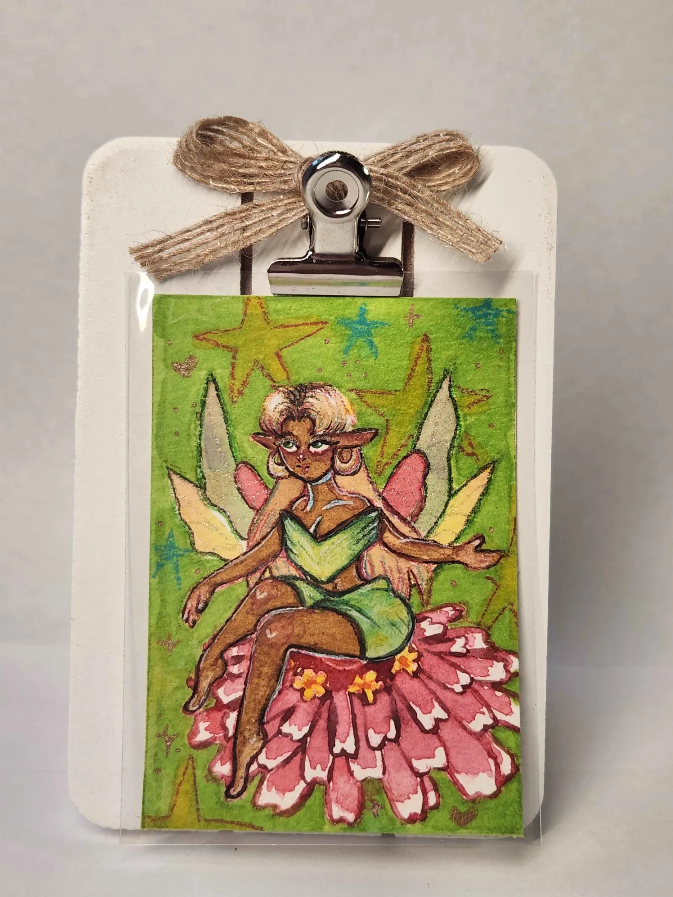 Original ACEO- Flower Fairy Series - Pink & Green Flower Fairy 8/9 aceo art card