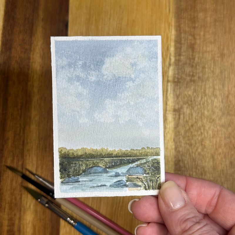 ACEO Watercolor, landscape original, Sky, rocks, stream, pond, “Rocky Stream”, 3.5x2.5in, By Lark aceo art card