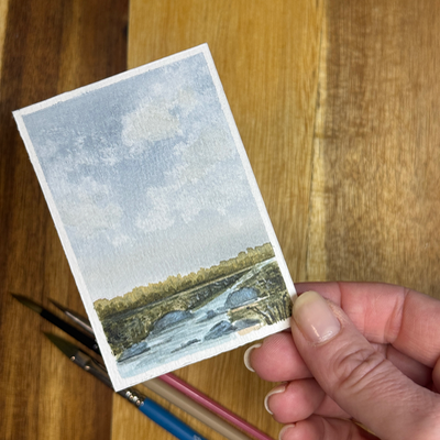 ACEO Watercolor, landscape original, Sky, rocks, stream, pond, “Rocky Stream”, 3.5x2.5in, By Lark aceo art card thumbnail 2