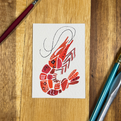 ACEO original, Shrimp, Seafood, Patchwork, Watercolor, 3.5x2.5in, Red,  By Lark Watercolor and Art aceo art card thumbnail 3