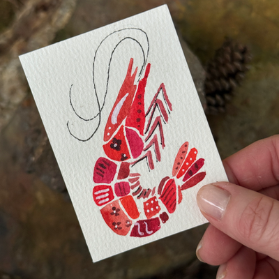 ACEO original, Shrimp, Seafood, Patchwork, Watercolor, 3.5x2.5in, Red,  By Lark Watercolor and Art aceo art card thumbnail 2