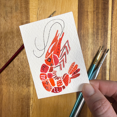 ACEO original, Shrimp, Seafood, Patchwork, Watercolor, 3.5x2.5in, Red,  By Lark Watercolor and Art aceo art card thumbnail 4