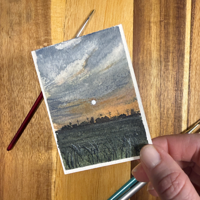 ACEO Watercolor, Landscape, Original, Marsh, “Farm at Night”, 3.5x2.5in, By Lark Watercolor and Art aceo art card thumbnail 4
