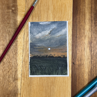 ACEO Watercolor, Landscape, Original, Marsh, “Farm at Night”, 3.5x2.5in, By Lark Watercolor and Art aceo art card thumbnail 3