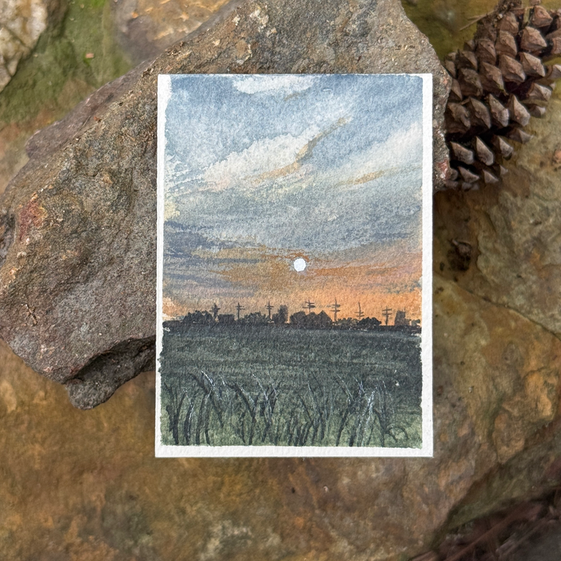 ACEO Watercolor, Landscape, Original, Marsh, “Farm at Night”, 3.5x2.5in, By Lark Watercolor and Art aceo art card