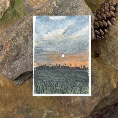 ACEO Watercolor, Landscape, Original, Marsh, “Farm at Night”, 3.5x2.5in, By Lark Watercolor and Art aceo art card thumbnail 1