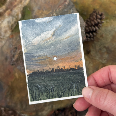 ACEO Watercolor, Landscape, Original, Marsh, “Farm at Night”, 3.5x2.5in, By Lark Watercolor and Art aceo art card thumbnail 2