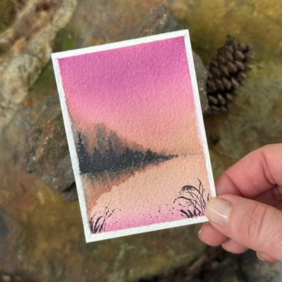 ACEO Watercolor, Landscape, Original, Marsh, “Pink on Pink”, 3.5x2.5in, By Lark Watercolor and Art aceo art card thumbnail 2