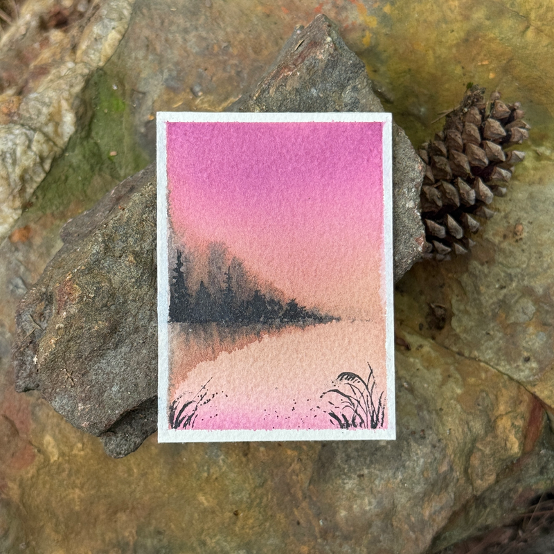 ACEO Watercolor, Landscape, Original, Marsh, “Pink on Pink”, 3.5x2.5in, By Lark Watercolor and Art aceo art card