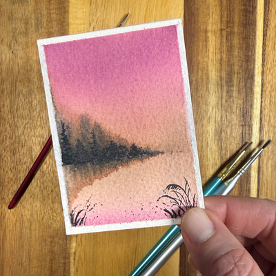 ACEO Watercolor, Landscape, Original, Marsh, “Pink on Pink”, 3.5x2.5in, By Lark Watercolor and Art aceo art card thumbnail 4