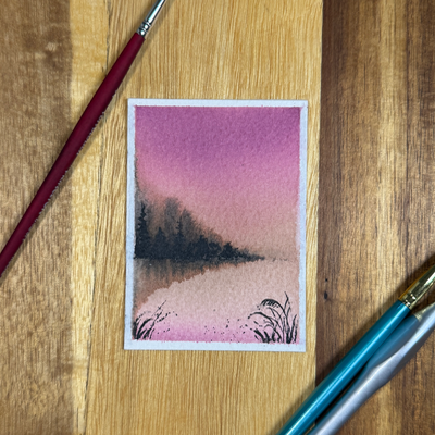 ACEO Watercolor, Landscape, Original, Marsh, “Pink on Pink”, 3.5x2.5in, By Lark Watercolor and Art aceo art card thumbnail 3