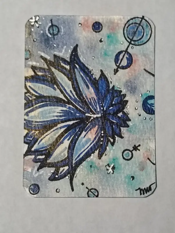 Blue Stardust Bloom – Original ACEO, Acrylic & Ink, 2.5" x 3.5" aceo art card