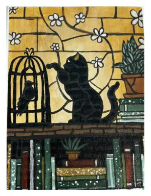 Stained-glass Black Cat & Raven in the Library SIGNED PRINT aceo art card thumbnail 2