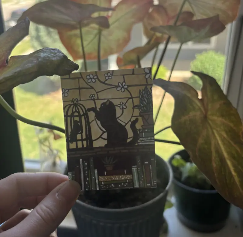 Stained-glass Black Cat & Raven in the Library SIGNED PRINT aceo art card