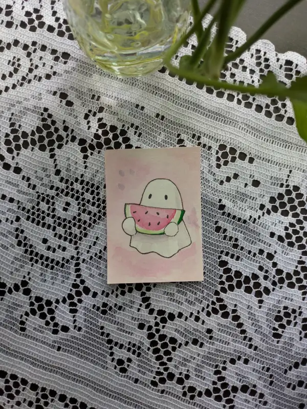 Original Watercolor ACEO Watermelon Ghost Mini Painting Summer Kawaii Art aceo art card