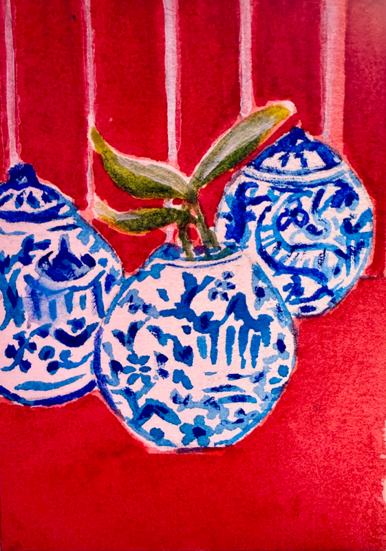 Blue and white  Blue Willow ginger jars on red background ACEO aceo art card