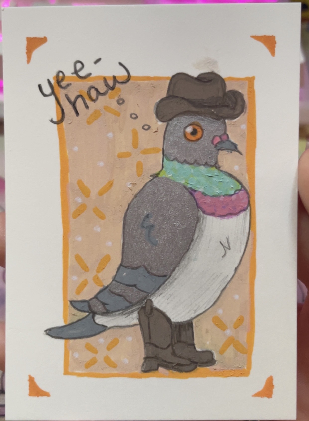Yee-Haw Pigeon aceo art card