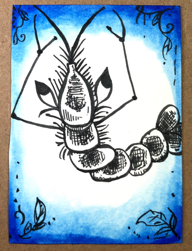 Shrimp Animal Sea Ocean Illustration Ink Summer Multimedia Historical inspired aceo art card