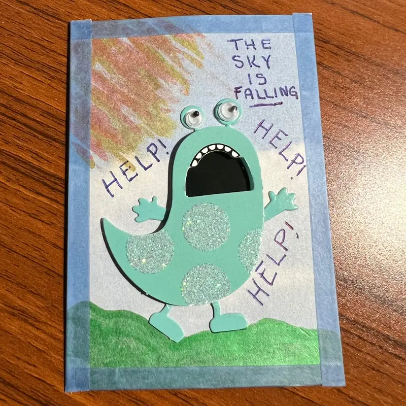 The Sky Is Falling! Silly Monster Panic Mixed Media Artwork ACEO Mini Original Art aceo art card