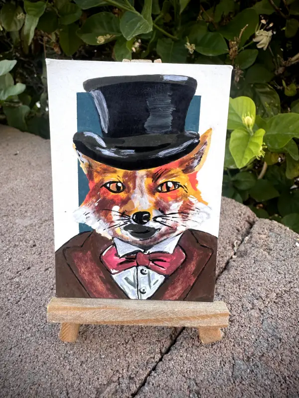 ACEO Original Painting "Gentleman Society" 2.5 x 3.5 Fox aceo art card