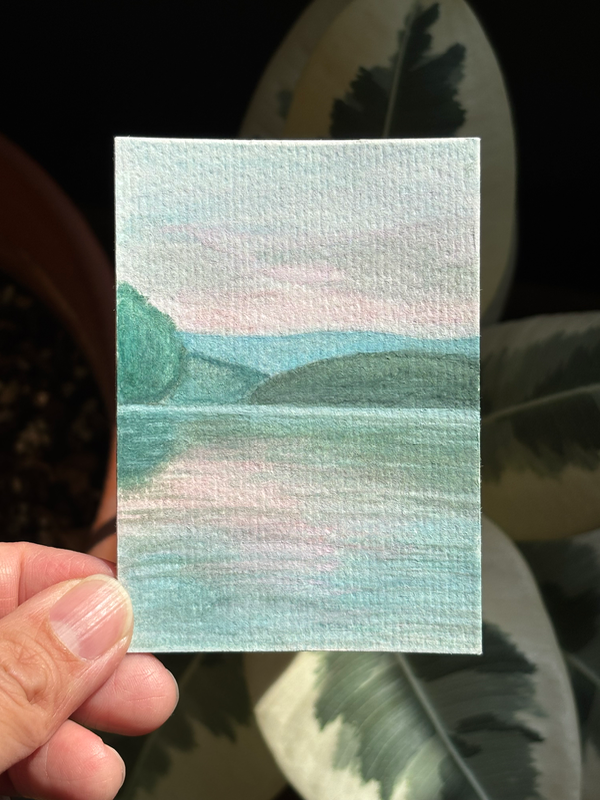 ACEO original, reservoir at dusk aceo art card
