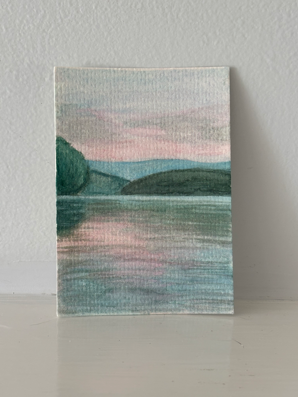 ACEO original, reservoir at dusk aceo art card