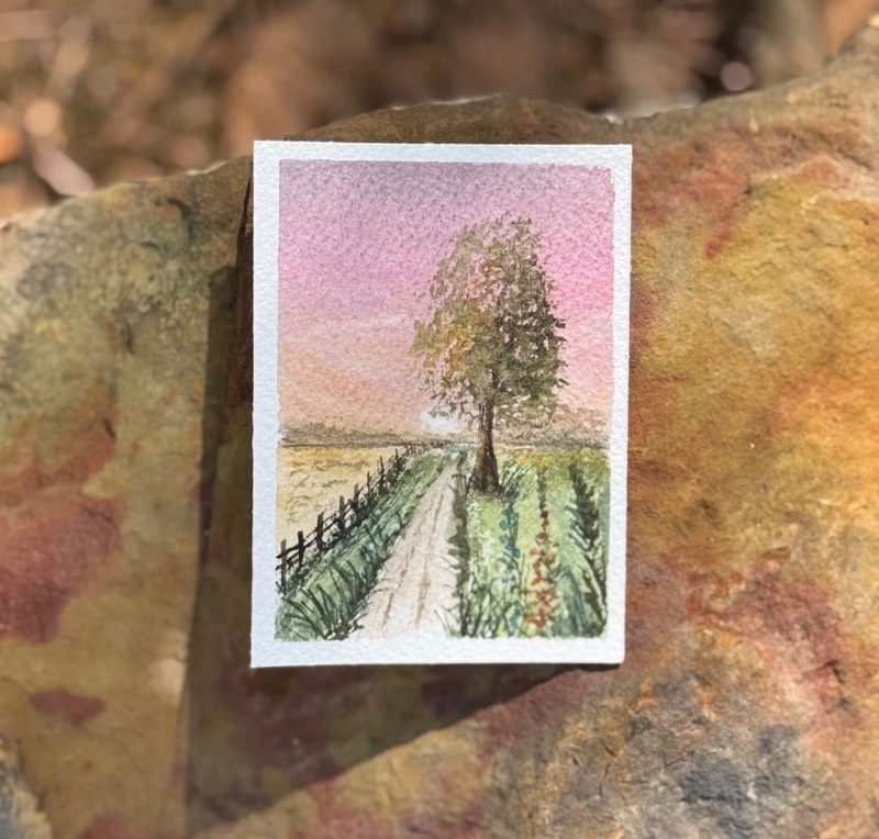 ACEO Original Watercolor “Sunrise and Fence Road” aceo art card