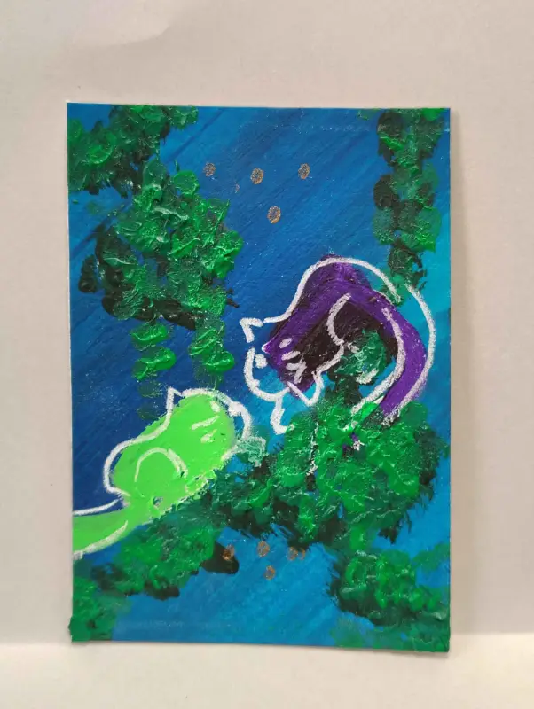 Color Cat- Green and Purple Found Each Other aceo art card