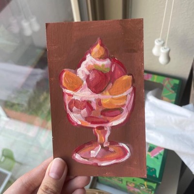 Fruit Parfait on Brown Background ACEO Painting aceo art card thumbnail 1