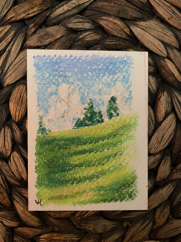 Sunny Hill in Oil Pastel aceo art card