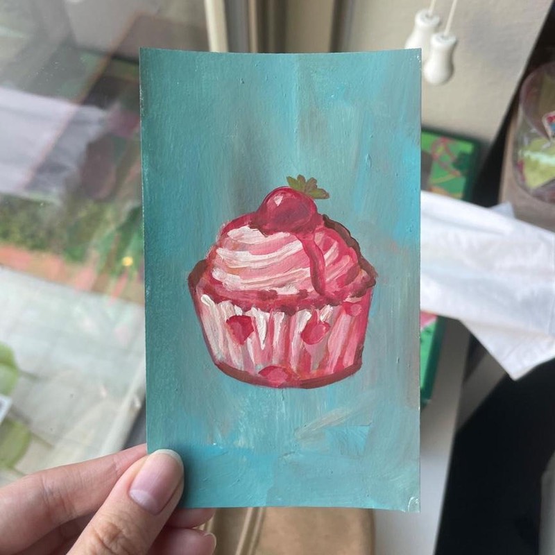 Strawberry Syrup Cupcake on Blue Background ACEO Painting aceo art card