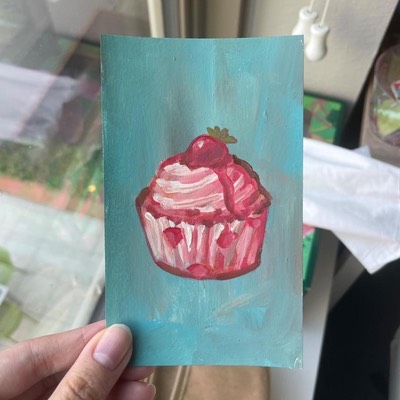 Strawberry Syrup Cupcake on Blue Background ACEO Painting aceo art card thumbnail 1