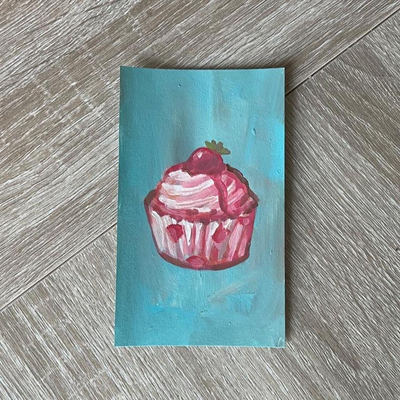 Strawberry Syrup Cupcake on Blue Background ACEO Painting aceo art card thumbnail 2