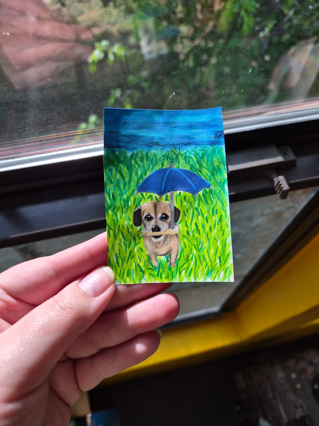 Minion the Dog! From TikTok with his lil umbrella, Acrylic and Alcohol Marker, M_Neff_Art aceo art card