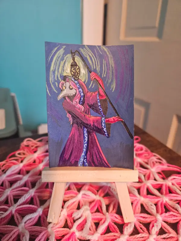 "Plague Doctor Glowing in the Night" aceo_ooak_original artist_trading card_2.5 x 3.5" aceo art card