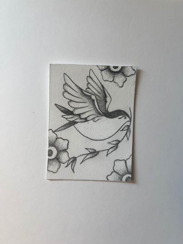 ACEO ORIGINAL TRADITIONAL FLASH STYLE BIRD WORH FLOWERS aceo art card
