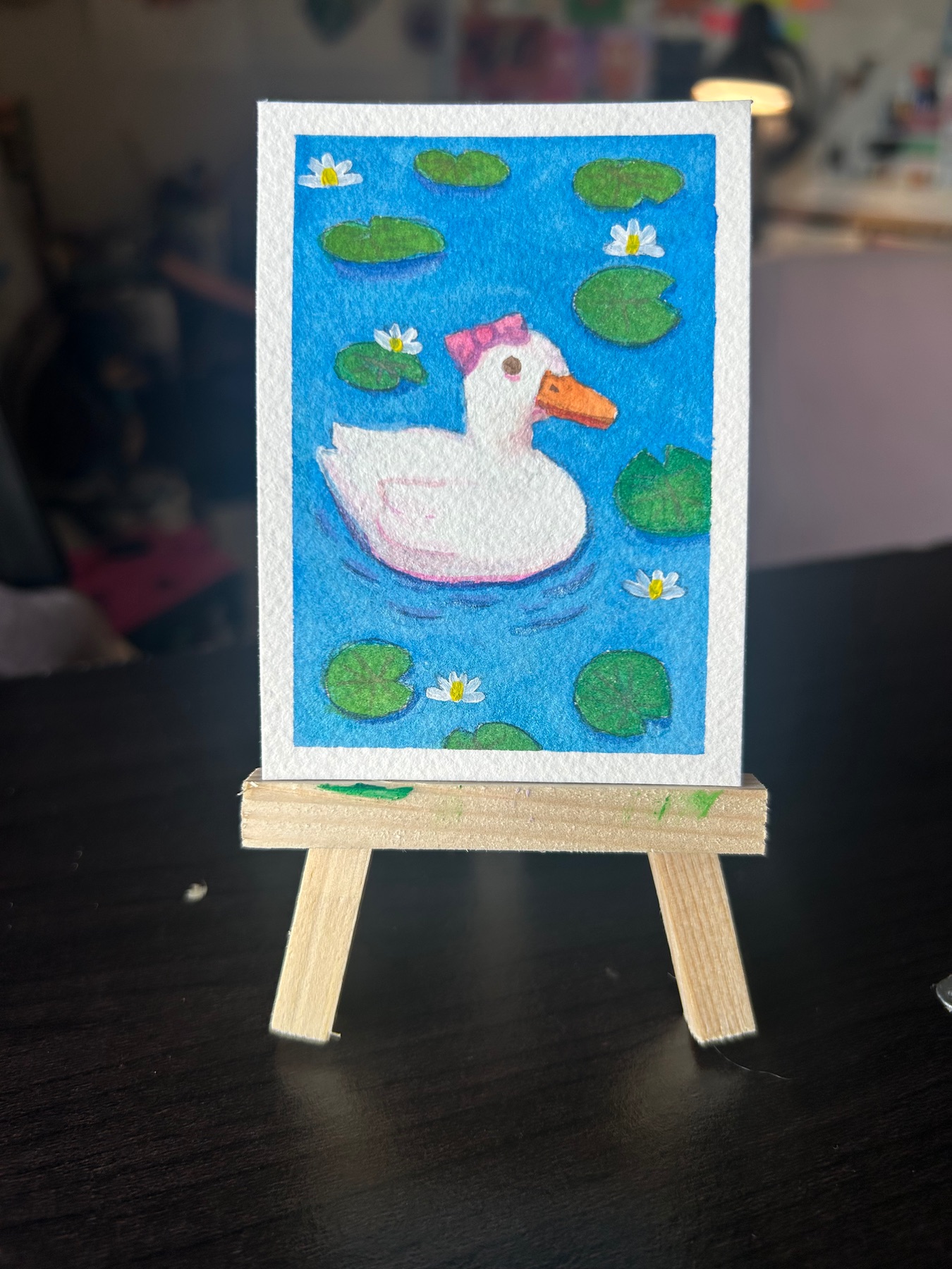 Duck with lily pads aceo art card