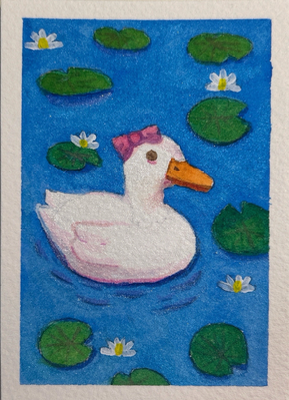 Duck with lily pads aceo art card thumbnail 2