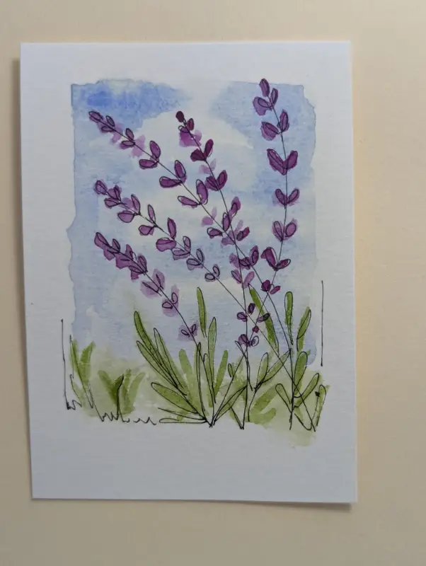 ACEO Original Lavender Flowers Watercolor Springtime Blue Sky Purple Green OOAK aceo art card
